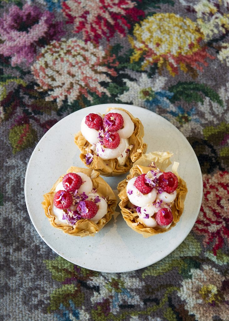 Angélique’s raspberry, lychee and rose tartlets