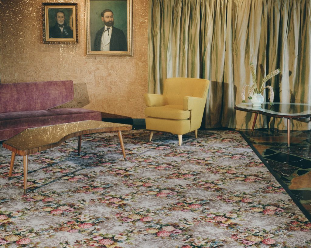 Upholstered armchair, angled coffee table and curved couch, of unknown provenance and now part of the Hotel Hotel Salon furniture. Photographed at Hotel Hotel in Canberra, 2017 for 'The Other Moderns' edited by Rebecca Hawcroft. 