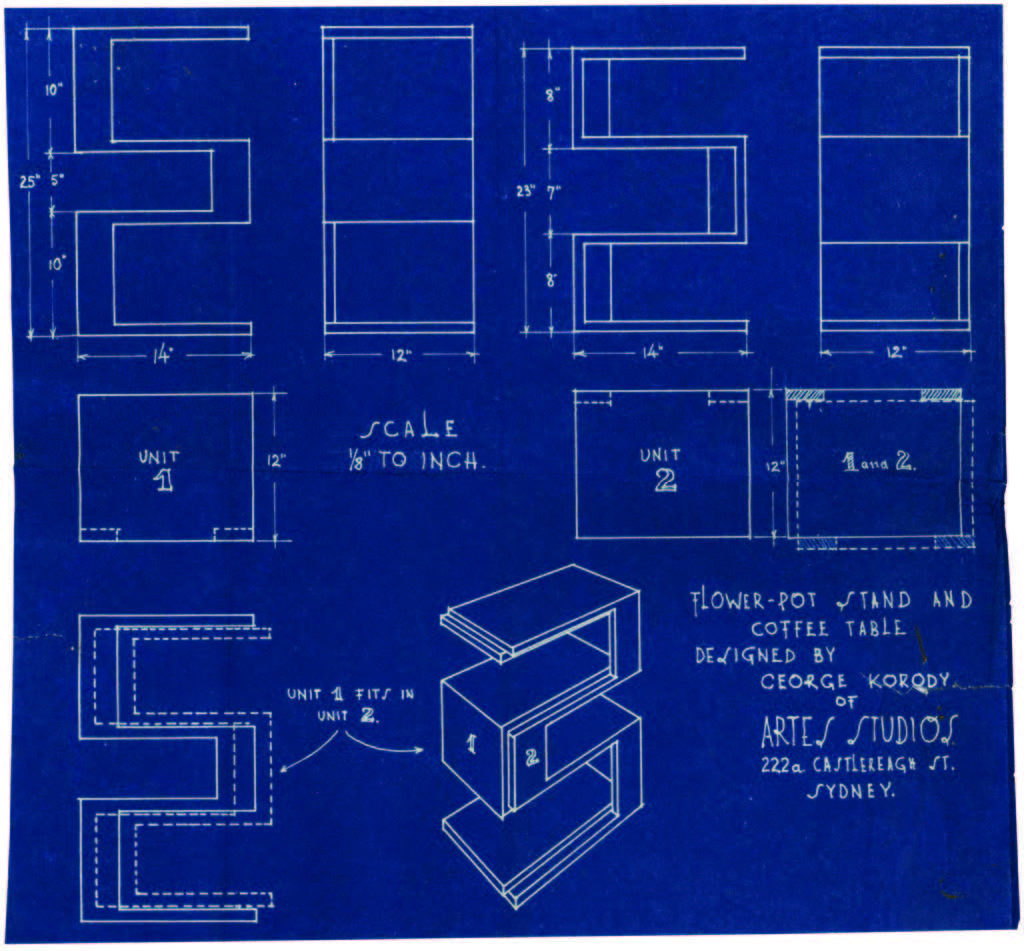 Korody patented a number of his early designs. This one is for versions 1 and 2 of the SOS unit. A flexible furniture piece identified as a coffee table or flowerpot stand, it was registered in 1948. National Archives of Australia, A1337, 26223.