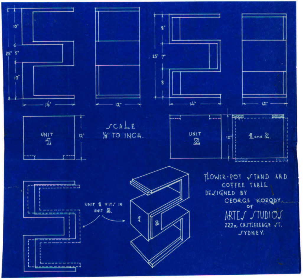 Korody patented a number of his early designs. This one is for versions 1 and 2 of the SOS unit. A flexible furniture piece identified as a coffee table or flowerpot stand, it was registered in 1948. National Archives of Australia, A1337, 26223.